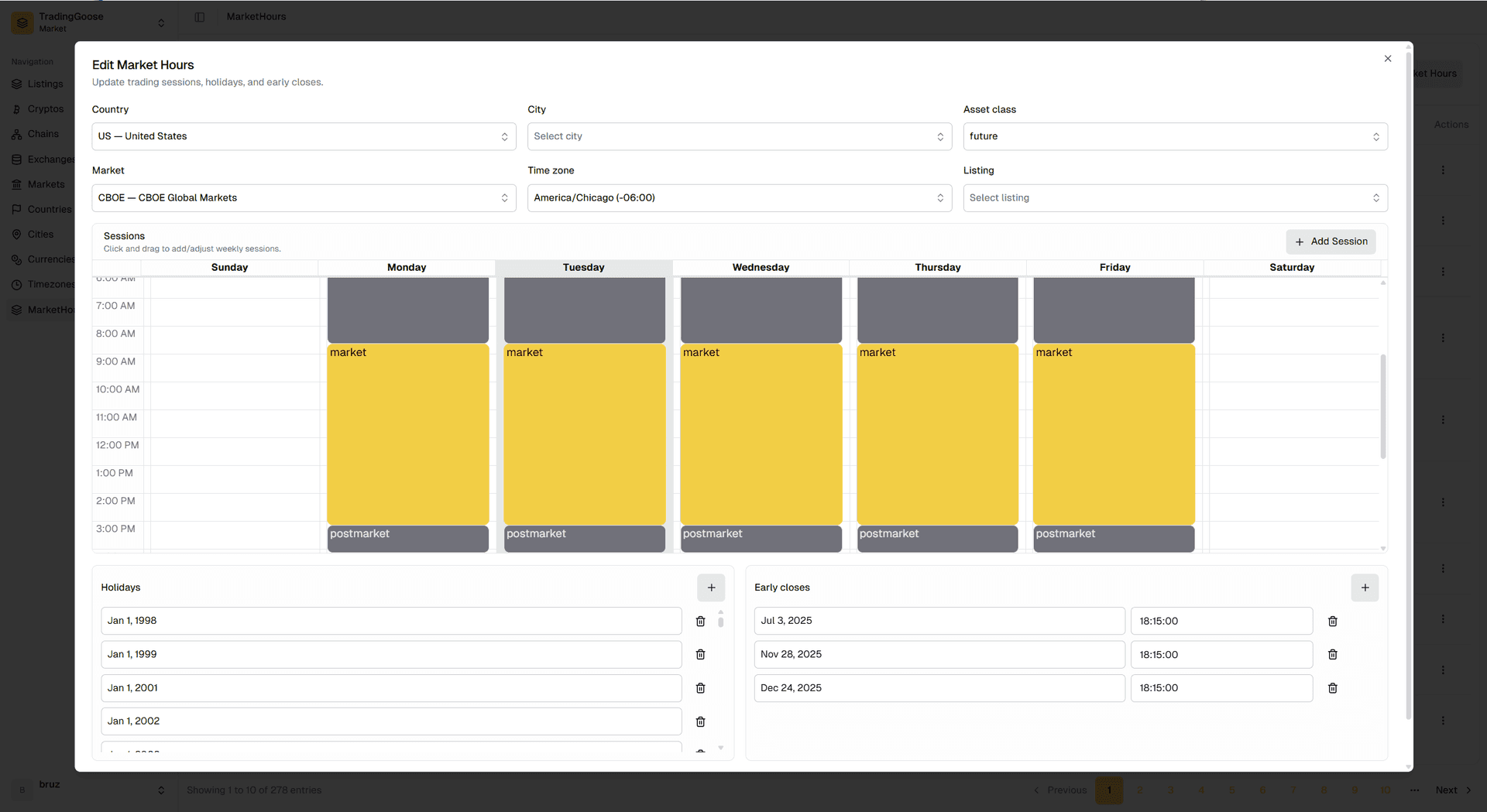 Editing market hours in TradingGoose Market — regular sessions shown as a visual weekly calendar, with holidays and early closes managed alongside